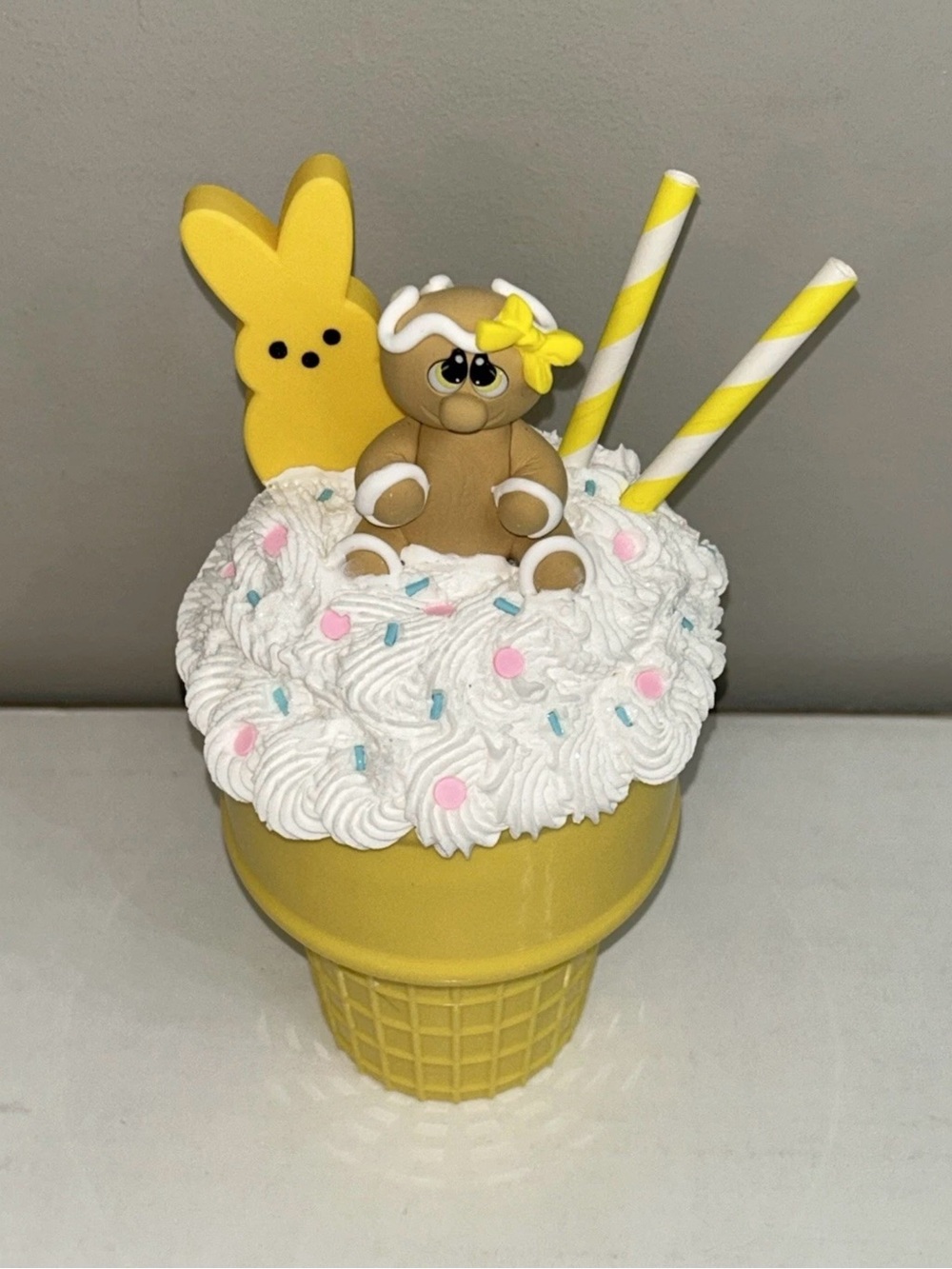 Yellow Bunny Fake Gingerbread Ice Cream Milkshake Dessert Display Handmade